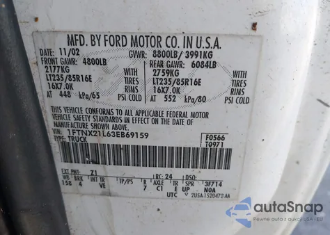 2003 Ford F-250 Lariat/Xl/Xlt из США, поврежденный, VIN 1FTNX21L63EB69159